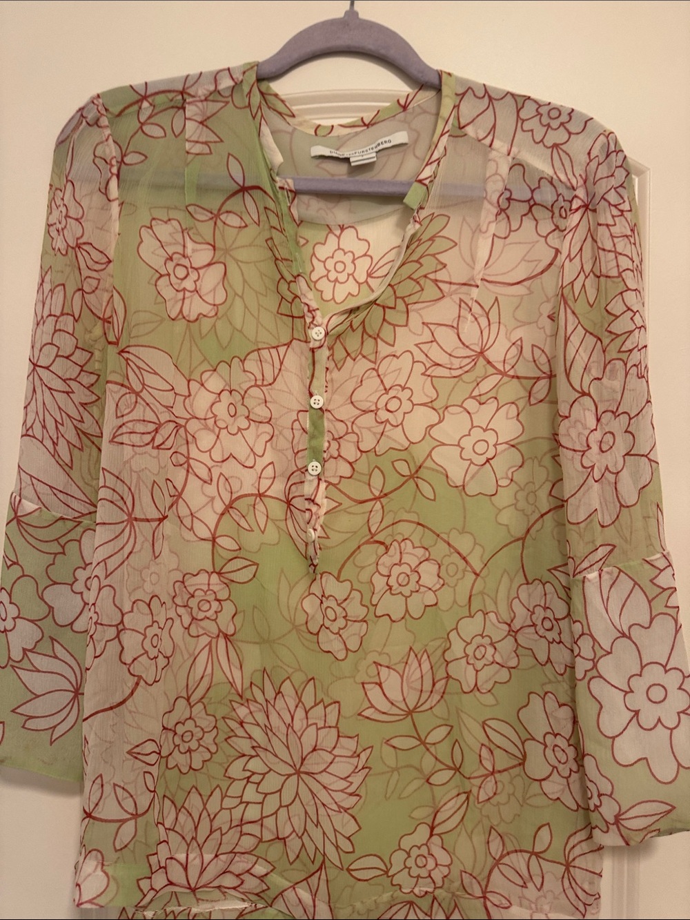Diane von Furstenberg Sheer with cami Floral Button-Front Blouse - Green/Pink 4
